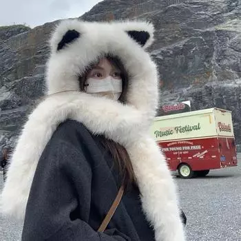 Комбо из плюшевой шапки-лисы и шарфа из Харбина - Супертолстый, теплый и милый защита ушей для женщин (Осень зима) One Size