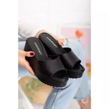 Комфортные женские матовые черные тапочки с мягкой подкладкой