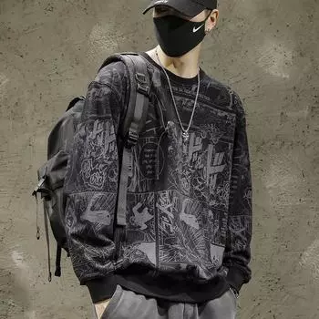 Комикс принтованный свитер мужской свободный круглый вырез модный бренд осень и зима флис большой размер без шапки топ мужской длинный рукав M серый