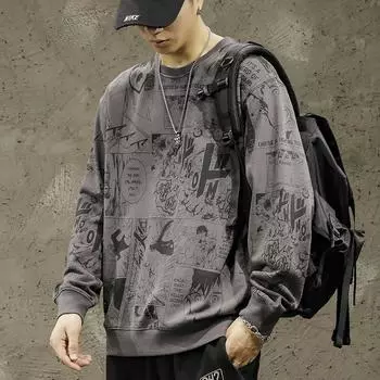 Комикс принтованный свитер мужской свободный круглый вырез модный бренд осень и зима флис большой размер без шапки топ мужской длинный рукав M чёрный