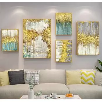 Комната Большой Настенный Художественный Декор Серый Зеленый Плакат и Принт Абстрактные Синие Золотые Точки Холст Картины Абстрактная Настенная Картина для Гостиной 21cm30cm NoFrame