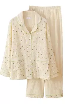 Комната Мягкая Двойная Удобная сверху и снизу Длинная Пижама Цветочная Пижама, Женская Одежда, Однотонная, 100% Хлопок, Марля, На ощупь, Рукава, Милая,