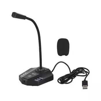 Компьютерный микрофон USB-микрофон для ПК, ноутбука, кнопка отключения звука с шумоподавлением и светодиодным индикатором чёрный