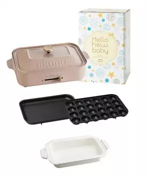 Компактная плита BRUNO Bruno, основной блок, 3 вида плит, керамическая кастрюля с покрытием, детский подарочный чехол Yakiniku, книга рецептов в комплекте, розовый, бежевый, стильный, милый
