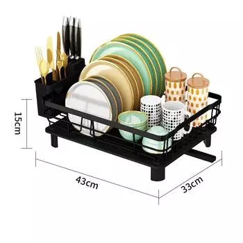 Компактная полка для посуды, многофункциональная расширяемая сушилка для посуды, нержавеющая сушилка для кухонной посуды со съемным держателем столовых приборов 01 чёрный
