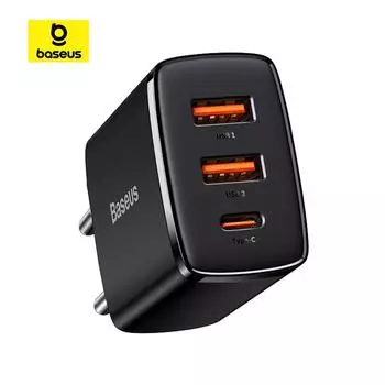 Компактное зарядное устройство Baseus Compact Quick Charger с двумя USB+Type-C для iPhone, Pad Pro, Xiaomi, Huawei