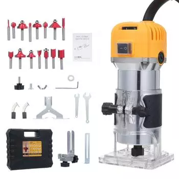 Компактный фрезерный станок 800 Вт для фрезерования по дереву, обрезки, гравировки, прорезки пазов, 30000 об/мин, переменная скорость с UK жёлтый