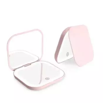 Компактный маленький мини-подарочный туалетный столик, складной светодиодный светильник, портативное ручное карманное зеркало для макияжа, 2-кратное увеличение 1 PCS розовый