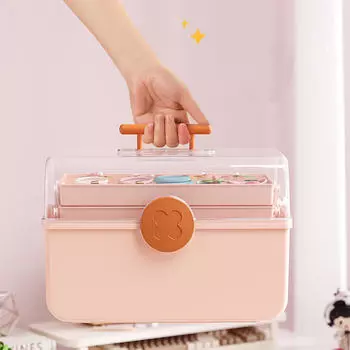 Компактный ящик для хранения первой помощи с ручкой, 3 отделения, портативный органайзер для путешествий розовый