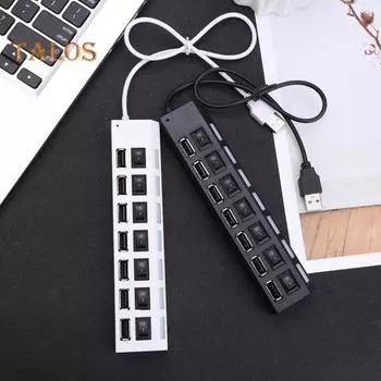 Компактный USB 2.0 адаптер-концентратор с 7 портами, универсальный, широко совместимый, светодиодный, высокоскоростной, с функцией включения/выключения питания, USB-разветвитель чёрный