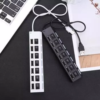 Компактный USB 2 адаптер-концентратор с 7 портами, универсальный, широко совместимый, светодиодный, высокоскоростной чёрный