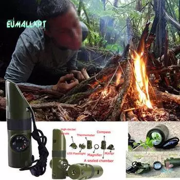 Компас для выживания в кемпинге 7 в 1 — термометр, фонарик, лупа, свисток