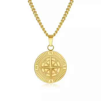 Компас Монета Компас Подвеска Ожерелье из нержавеющей стали Мужское невыцветающее ожерелье в стиле панк в стиле хип-хоп серебряный
