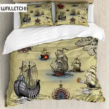 Компас Пододеяльник Антикварный Старый План Открытие Корабль Пиратская Волна Компас Навигация География Queen King Полиэстер Постельное белье EU single(135x200cm)