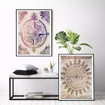 Компас Роза в стиле хиппи, холст, художественный принт, картина, плакат, настенные панно для гостиной, дома, декоративный декор для спальни, без рамки 21cm30cm NoFrame