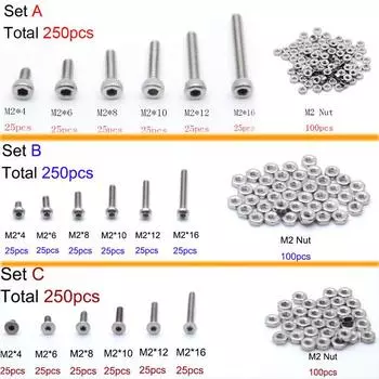 Комплект 250PZ M2(2мм) Esagono Bulloni Viti Dadi в ассортименте A2 Acciaio Inox Testa piatta set C