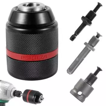 Комплект адаптеров для патрона для дрели 1-13 мм, самозатягивающийся патрон для ручной дрели без ключа 1/2 дюйма-20UNF с хвостовиком 1/4 дюйма, шестигранным хвостовиком и гнездом 1/2 дюйма чёрный