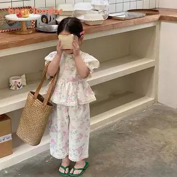 Комплект Bear Leader для девочек, летний комплект с короткими рукавами и цветочным принтом, рубашка с пузырьковыми рукавами для маленьких девочек, широкие длинные брюки, комплект из 2 предметов, детская одежда для детей от 3 до 7 лет AZ3380 3T