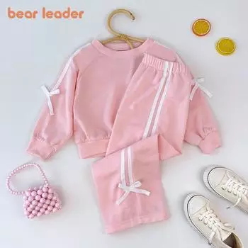 Комплект Bear Leader для девочек от 2 до 6 лет, спортивный костюм из двух частей с бантом и брюками, детская повседневная одежда TZ243 3T