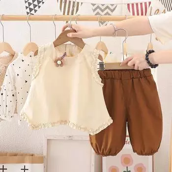 Комплект без рукавов для девочки 0-5 лет Топ с короткими рукавами для девочки + повседневные шорты, комплект из двух предметов Милая детская одежда S бежевый