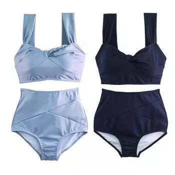 Комплект бикини-бандо с мягкими чашечками, сексуальный однотонный женский купальник с высокой талией для отдыха L светло-синий