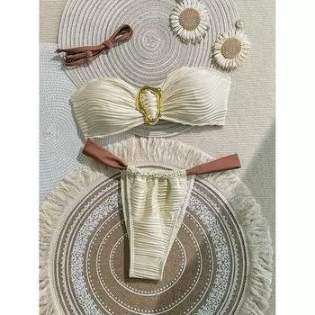 Комплект бикини без бретелей Женский купальник Полосатый Раздельный Простой С открытой спиной Женская купальная одежда Купание Летняя мода Пляжная одежда S бежевый