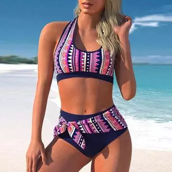 Комплект бикини больших размеров, новинка 2023 года, сексуальный купальник, женский купальник из двух предметов, танкини, высокая талия, бант, пуш-ап, купальный костюм, монокини женский S розовый