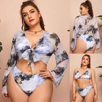 Комплект бикини большого размера с принтом, юбка из 3 предметов, купальник с высоким вырезом, женский купальник-стринг, микро бикини 0XL серый