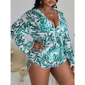 Комплект бикини большого размера, женский бюстгальтер и трусики с тропическим принтом, а также комплект бикини из двух частей с длинными рукавами и вырезом-сюртуком, завязками и сборками по бокам 0XL(12) изумрудный