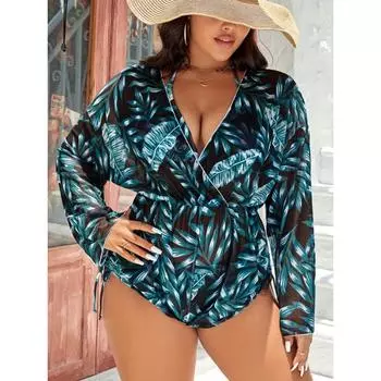 Комплект бикини большого размера, женский бюстгальтер с тропическим принтом, трусики и купальник-бикини с длинными рукавами, вырезом-сюртуком и сборками по бокам, комплект из 3 предметов 0XL(12)