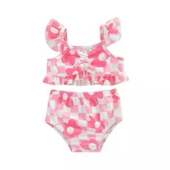 Комплект бикини для маленьких девочек, кофточка с рукавами-крылышками в клетку и трусами, купальный купальник для летнего пляжа розовый