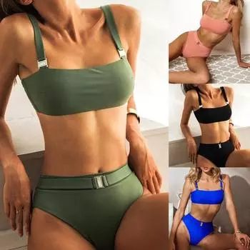 Комплект бикини для плавания, 2 шт./компл. Купальник с мягкой подкладкой, дизайн ремешка с пряжкой, комплект бикини для плавания S армия зеленый