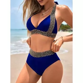 Комплект бикини из 2 предметов с контрастной полосой, бретелька через шею с V-образным вырезом, завязками на спине, открытыми купальниками с высоким вырезом, женская одежда для плавания и купальники S чёрный