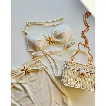 Комплект бикини из 3 предметов, бикини-бандо, сексуальный женский купальник, блестящая юбка, женский купальник, купальный костюм с изображением морской звезды, пляжная одежда, накидки S белый