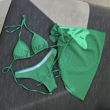 Комплект бикини из 3 предметов, комплект бикини с пуш-ап, сексуальный купальник для женщин, женский купальный костюм, однотонный саронг, пляжная одежда S зелёный