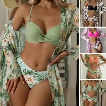 Комплект бикини из 3 шт./компл., быстросохнущий, сексуальный, с цветочным принтом, на бретельках, с эластичной подкладкой, бесплатно XL розовый/зелёный