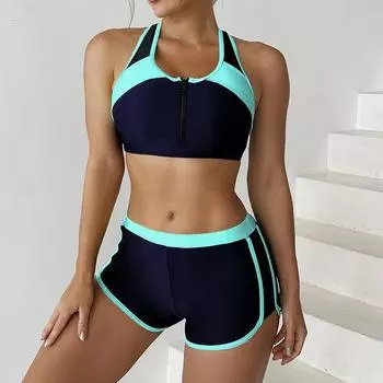 Комплект бикини на молнии, женский купальник из двух частей с шортами, спортивный купальник, женский купальный костюм S зелёный