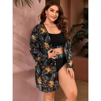Комплект бикини размера «плюс» в стиле бохо, женский бесшовный бюстгальтер с тропическим принтом и трусики с высокой талией, а также открытый передний купальник-накидка из трех предметов 0XL чёрный