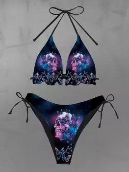 Комплект бикини Rosegal Gothic Skull Butterfly Ombre Galaxy Print Tied Halter XL чёрный