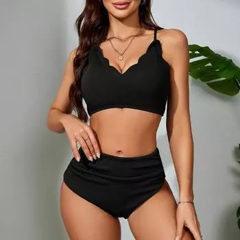 Комплект бикини с эффектом пуш-ап, женский купальник, однотонные бикини, женские купальники, бразильский купальник с высокой талией, из двух предметов, летний купальный костюм S чёрный