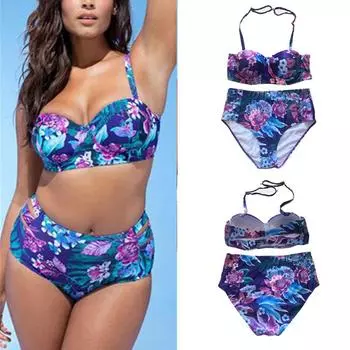 Комплект бикини с цветочным принтом, купальник больших размеров, винтажный пляжный купальник XL синий
