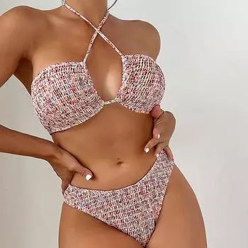 Комплект бикини с принтом, женский купальник с высокой талией, купальник с цветочным принтом, купальный костюм с эффектом пуш-ап, женский купальный костюм из двух предметов S синий