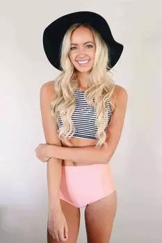 Комплект бикини-танкини с высокой талией Angelsin, розовым низом и полосатым топом