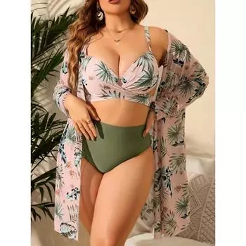 Комплект бикини в стиле бохо больших размеров, женский купальник с длинными рукавами и открытым передом, бюстгальтер и трусики, комплект из трех предметов 1XL(14) армия зеленый