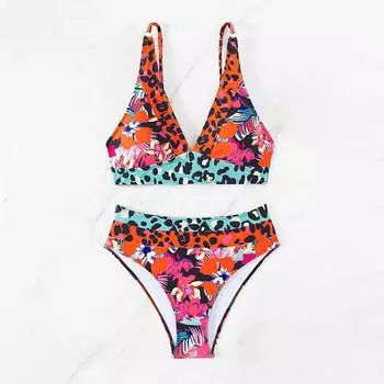 Комплект бикини женский 2 предмета купальник классический однотонный V-образный вырез высокая талия раздельный бикини лето 2025 новые купальные костюмы женская пляжная одежда S