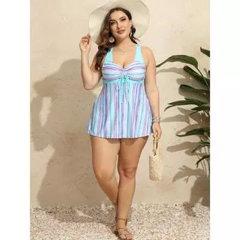 Комплект боди-танкини больших размеров, женский купальник-тройка в полоску с завязками спереди и крест-накрест сзади, комплект из двух частей 0XL небесно-голубой
