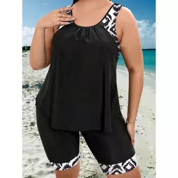 Комплект боди-танкини большого размера, женский купальник-топ с круглым вырезом и шортами, комплект из 2 предметов 2XL(16) чёрный