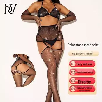 Комплект бодистокингов из сетки со стразами для трансграничной торговли: Сексуальные чулки-сетка больших размеров с рукавами и подвязками One Size