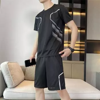 Комплект большого размера, спортивный костюм, мужская летняя быстросохнущая футболка для бега, быстросохнущая одежда из ледяного шелка, шорты с короткими рукавами XXXXXL