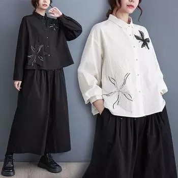 Комплект большого размера в китайском стиле, рубашка в стиле ретро с 3D наклейками, широкие брюки, комплект из двух предметов L белый